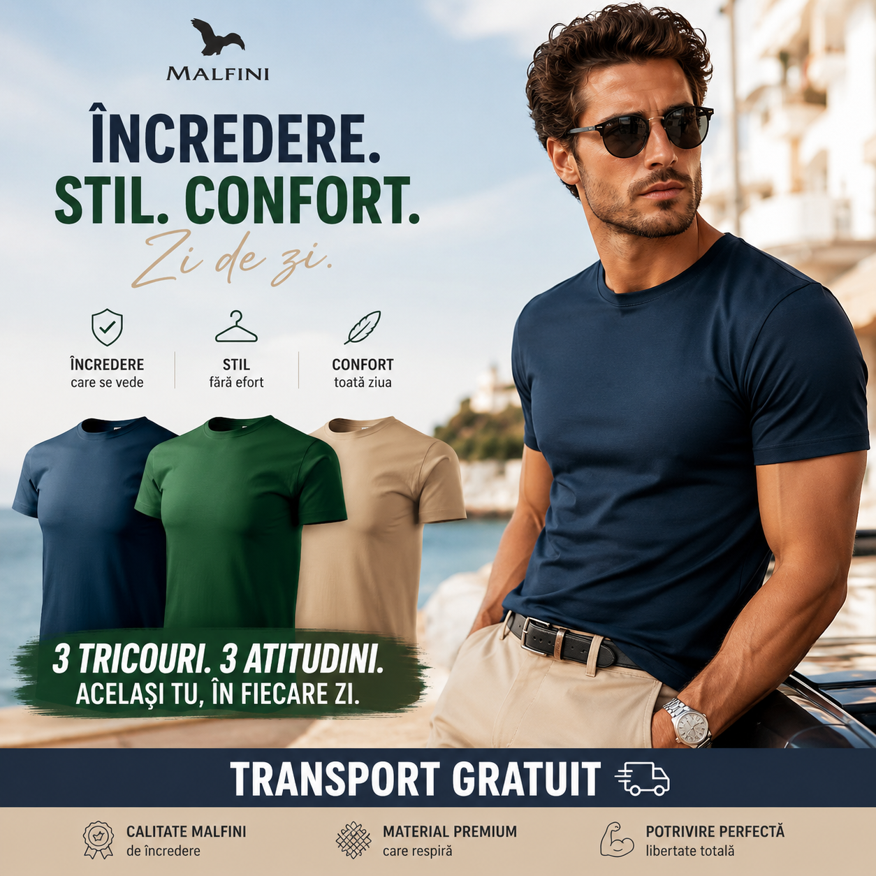 Set 3 tricouri bărbați Malfini elegant casual albastru marin verde sticlă și nisip